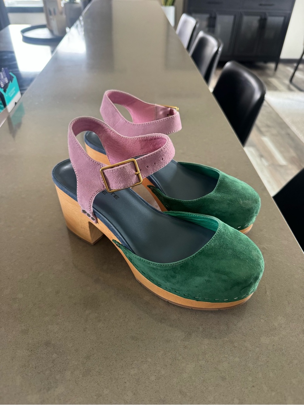 Charlotte Stone Green Suede Clog with Pink Ankle Strap